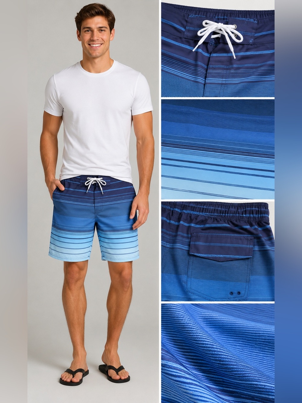 Ocean Coast Blue Striped Board Shorts Swim Trunks XL Men’s Drawstring Beach Surf